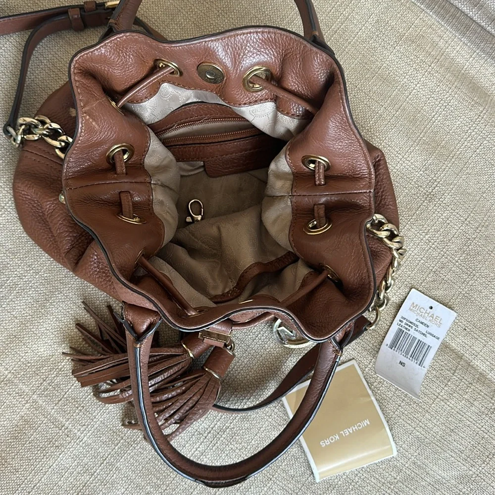 MICHAEL KORS Camden Luggage Brown Leather Medium Drawstring Satchel Shoulder Bag